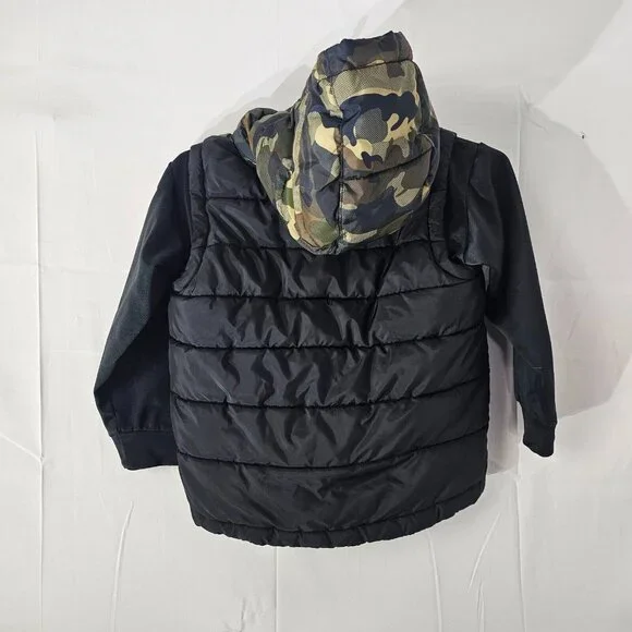 Nike Puffer Jacket Youth Small 4-5 Black Green Camouflage Kids Hoodie Vest Coat - Picture 2 of 10